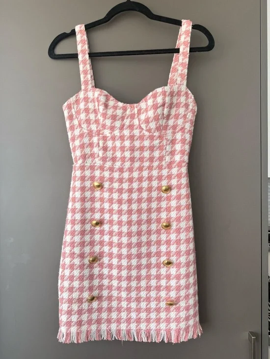 Pink Tweed Mini Dress Women’s Size S Gold Button Houndstooth (black/white avail) - Picture 3 of 13